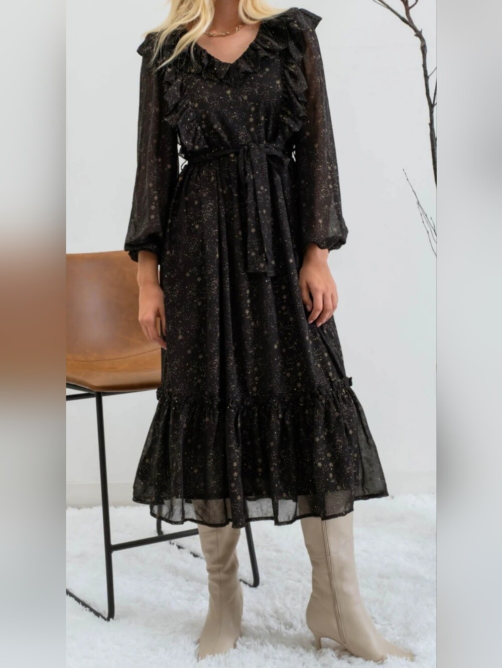 Moon River Black Midi Dress with Metallic Star Detail